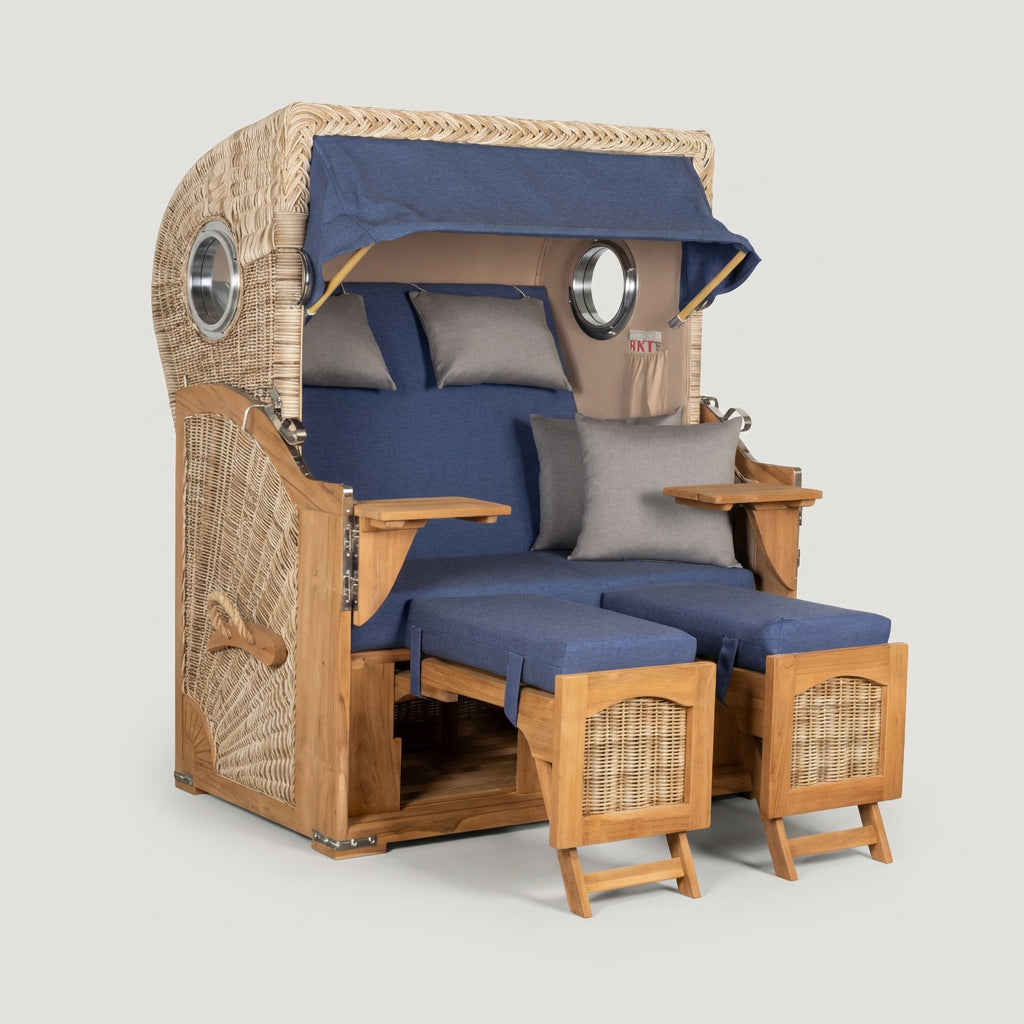 Strandkorb Düne 2-Sitzer aus Teak mit Bullauge in Marineblau