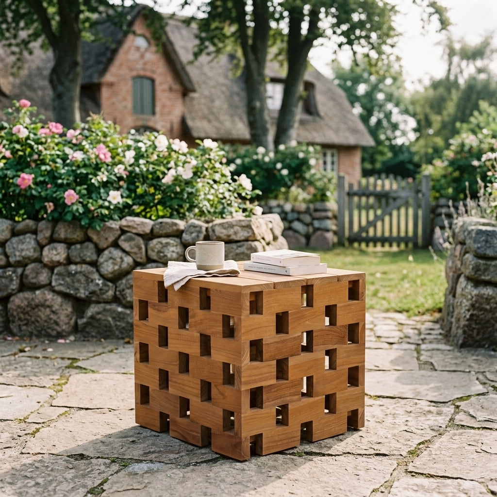 Beistelltisch Dunham aus massivem Teakholz mit Flechtwerk-Design