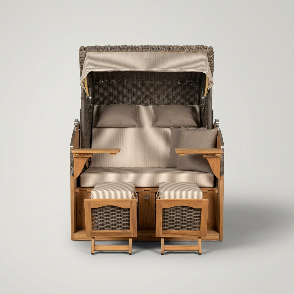 Strandkorb Schillig XL aus Teakholz und Polyrattan mit Bullaugen