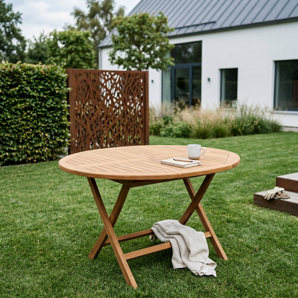 Gartentisch Woodie ø 120 cm aus massivem Teakholz mit Klappgestell