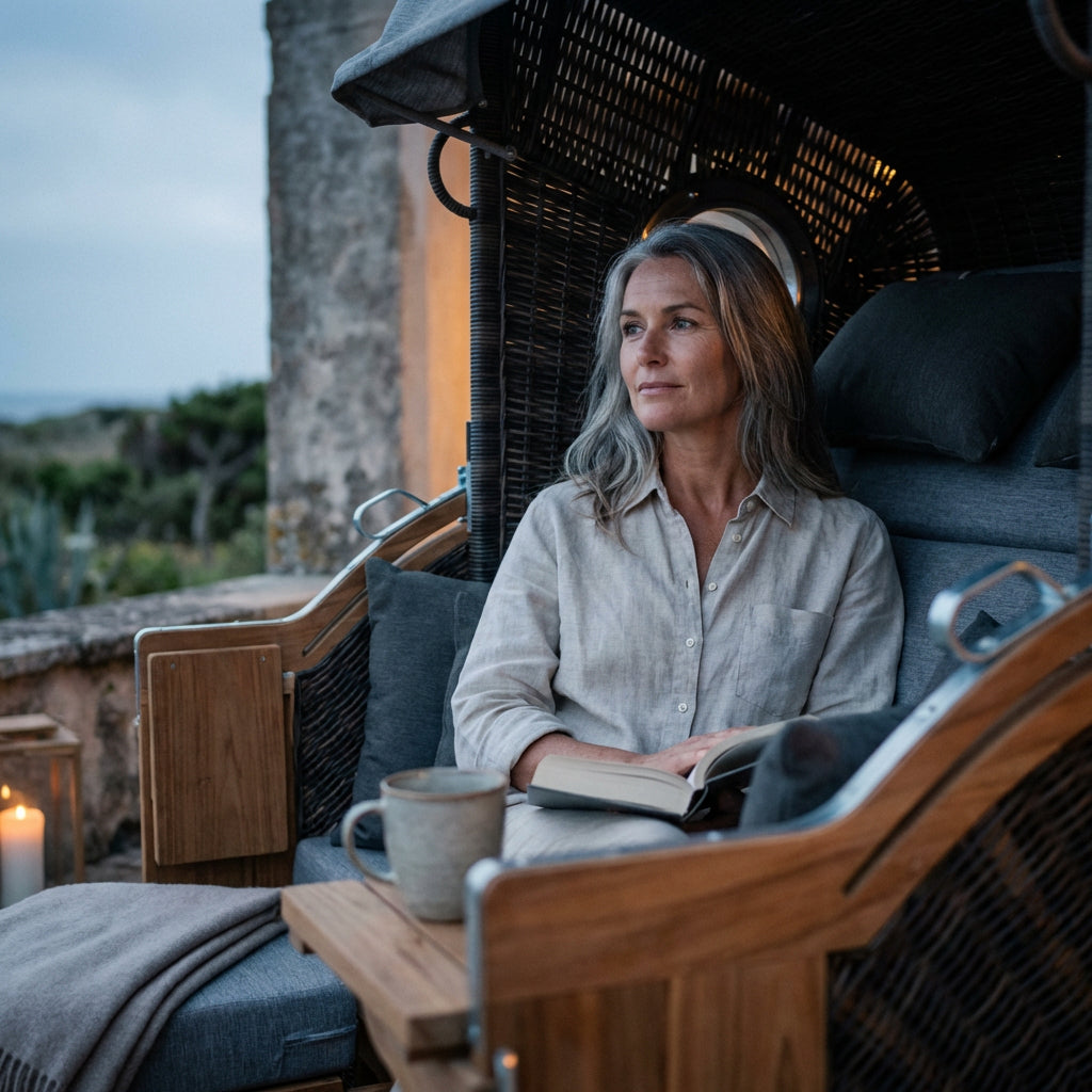 Strandkorb XXL Teakholz Polyrattan stone grey mit Cocktailtischen