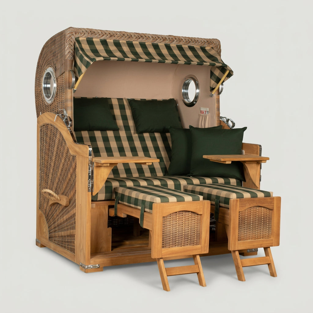 Strandkorb Düne Grande 2-Sitzer aus Teak mit Bullauge in Grün-Beige gestreift