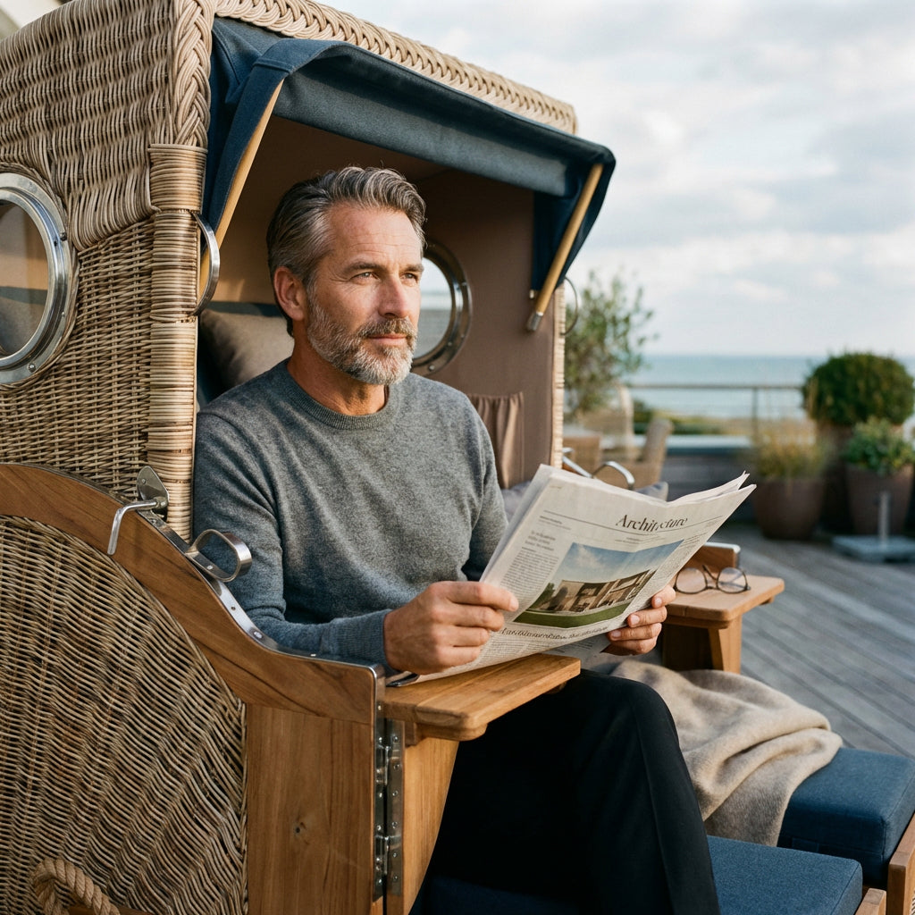 Strandkorb Düne 2-Sitzer aus Teak und Polyrattan in tiefem Blau