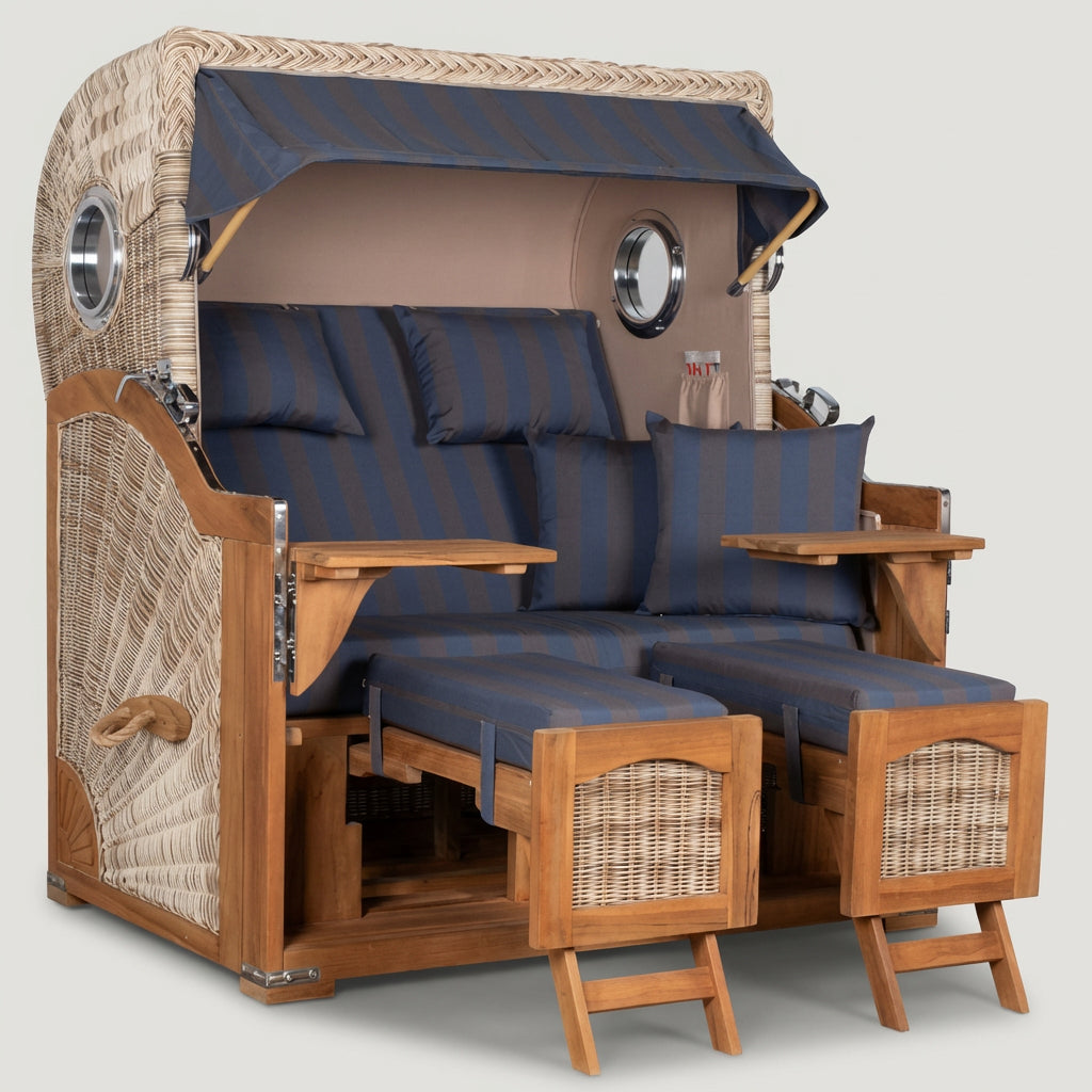 Strandkorb Düne Grande 2,5-Sitzer aus massivem Teakholz mit Bullaugen in Marineblau