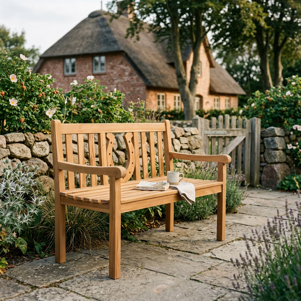 Gartenbank Hufeisen 120 cm aus massivem Teakholz mit ovalem Dekorelement