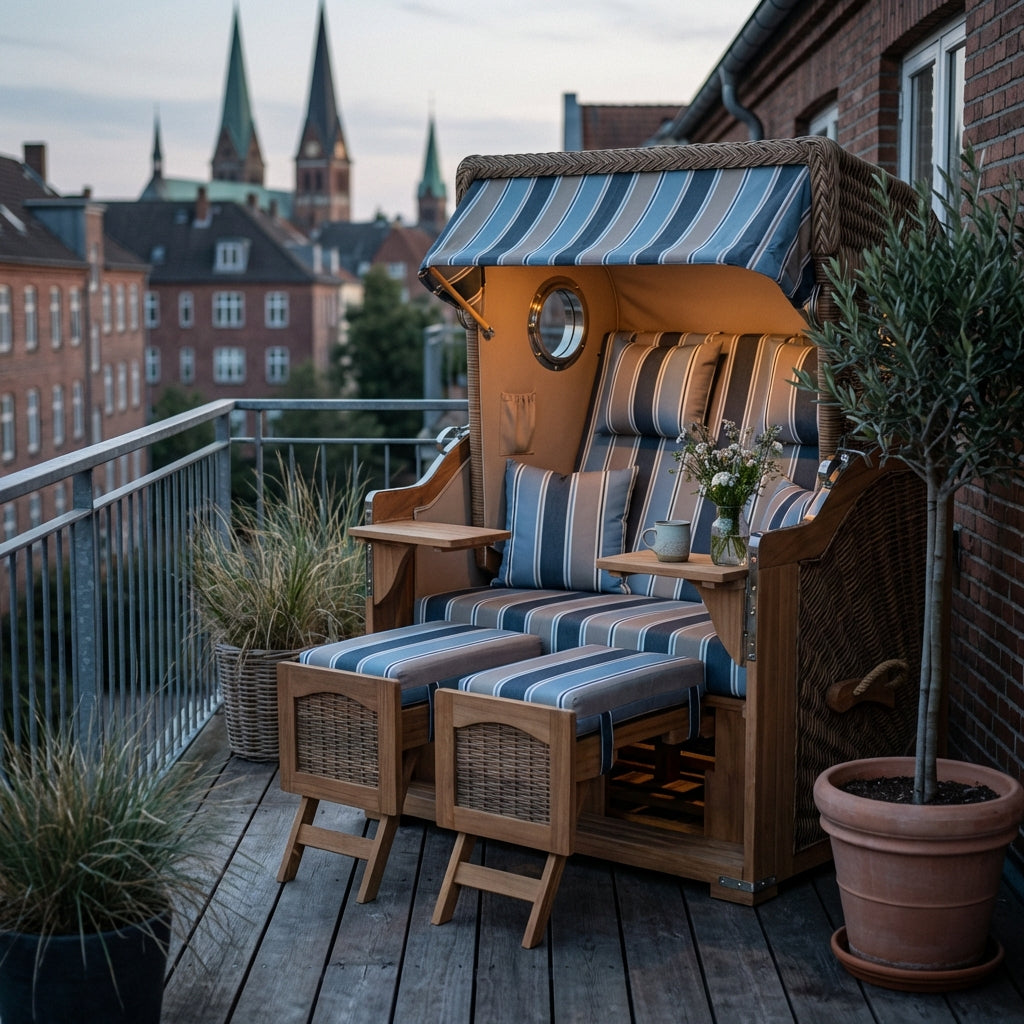 Strandkorb Düne Grande 2-Sitzer aus Teak mit Bullauge in maritimem Streifendesign