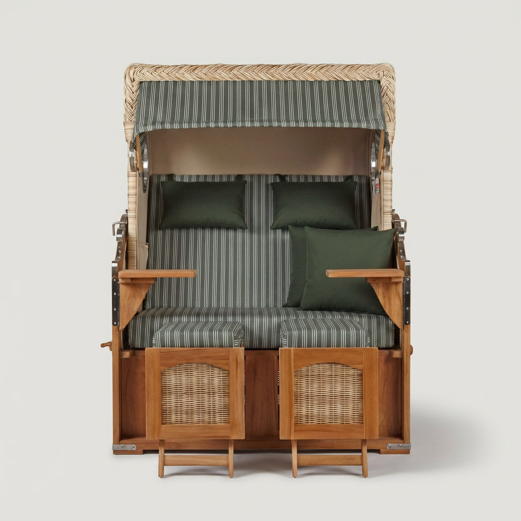 Strandkorb Düne 2-Sitzer aus massivem Teakholz mit grün-weißem Streifendesign