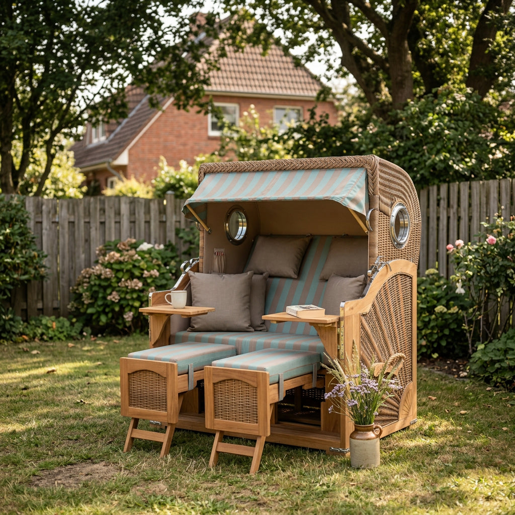 Strandkorb Düne Grande 2-Sitzer aus Teakholz mit Bullauge in Türkis-Beige