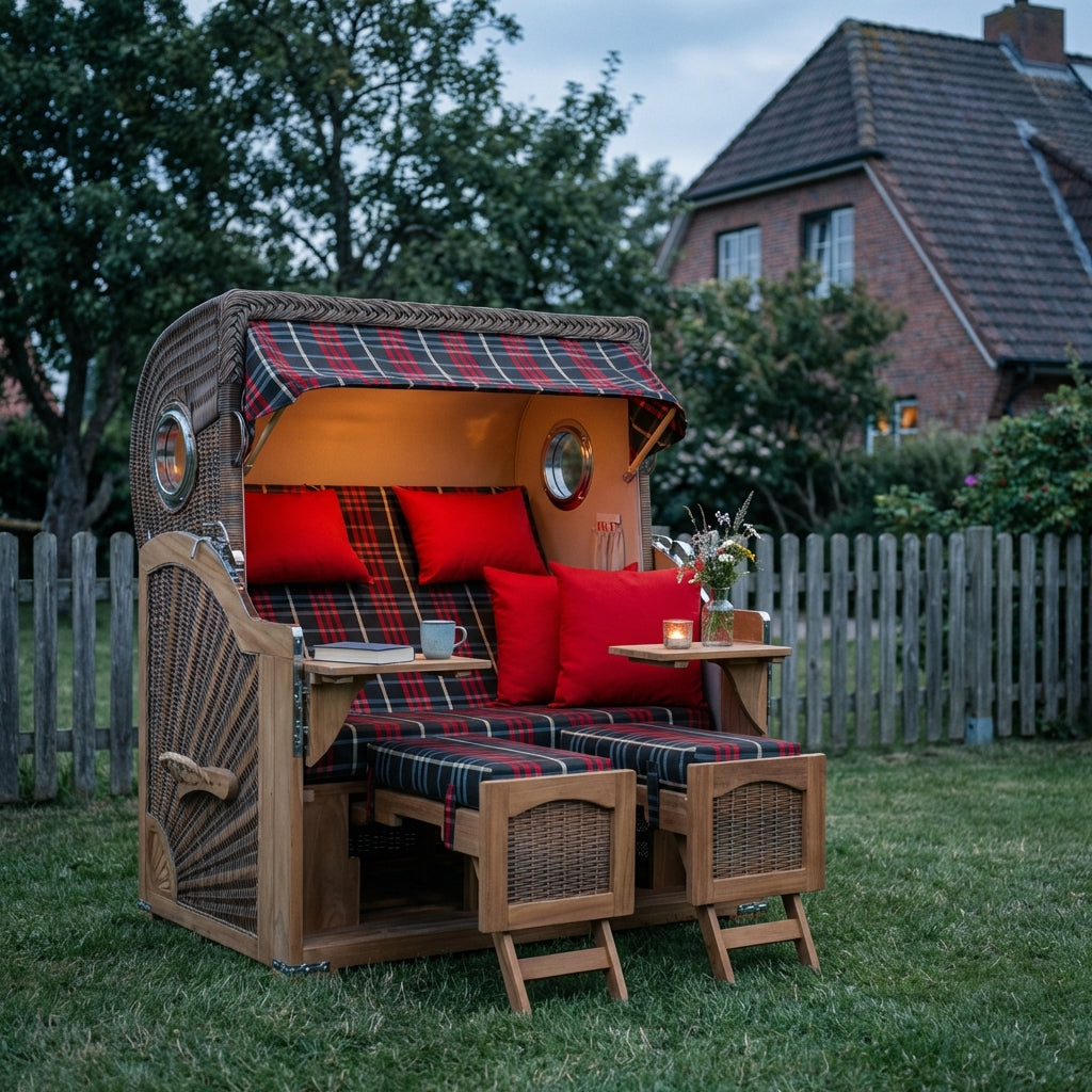 Strandkorb Düne Grande 2-Sitzer aus Teak mit Bullauge in warmem Banana-Dessin