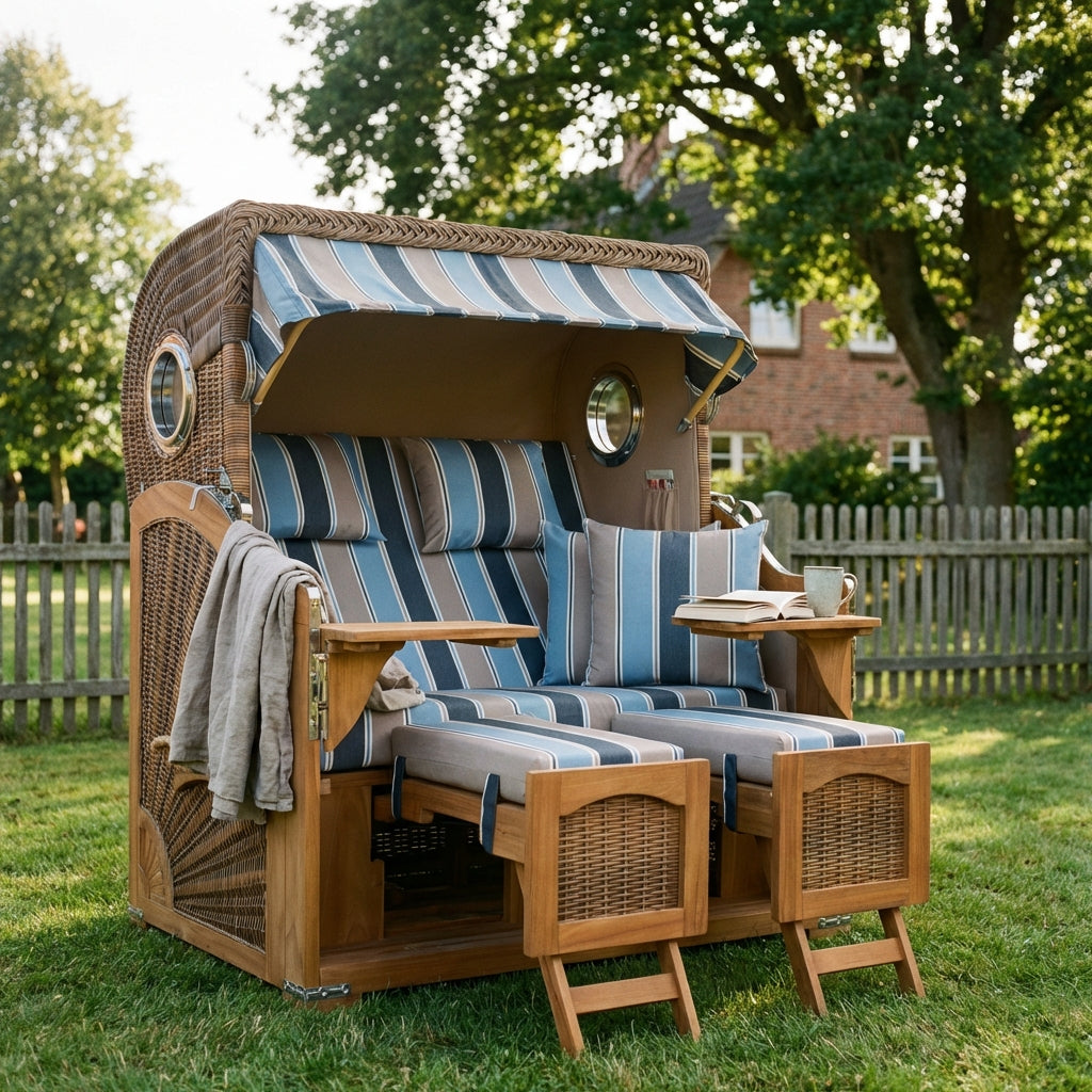 Strandkorb Düne Grande 2-Sitzer aus Teak mit Bullauge in maritimem Streifendesign