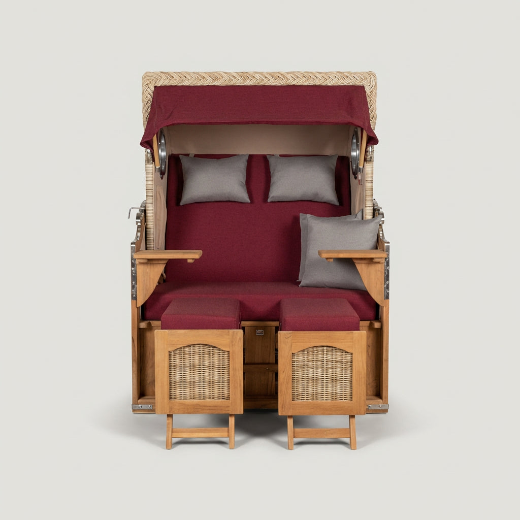 Strandkorb Düne 2-Sitzer aus Teak und Polyrattan mit Bullaugen