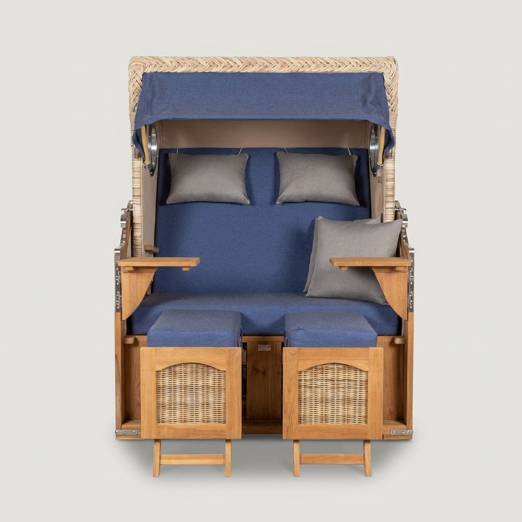 Strandkorb Düne 2-Sitzer aus Teak mit Bullauge in Marineblau