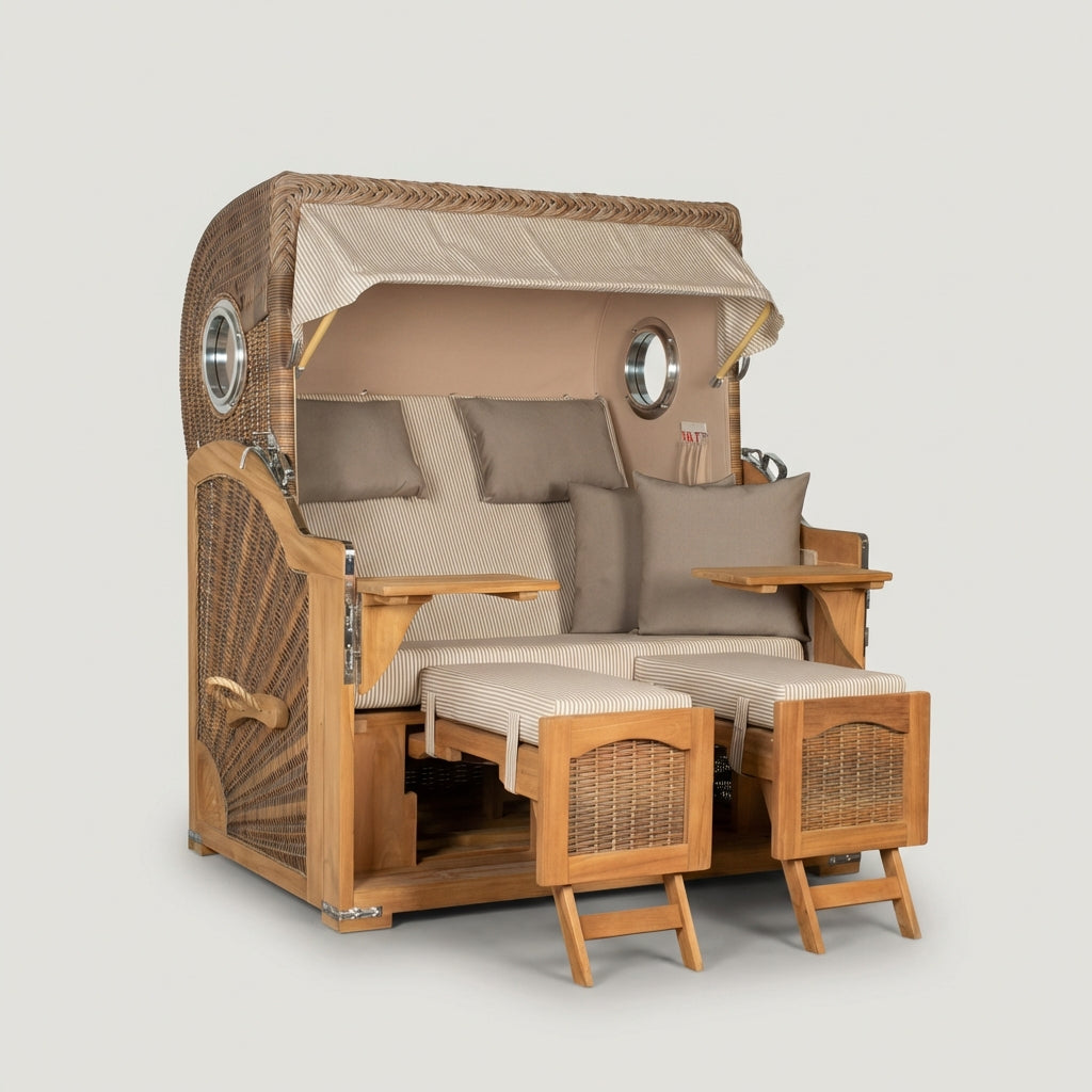 Strandkorb Düne Grande 2-Sitzer aus Teak mit Bullauge in warmem Banana-Ton