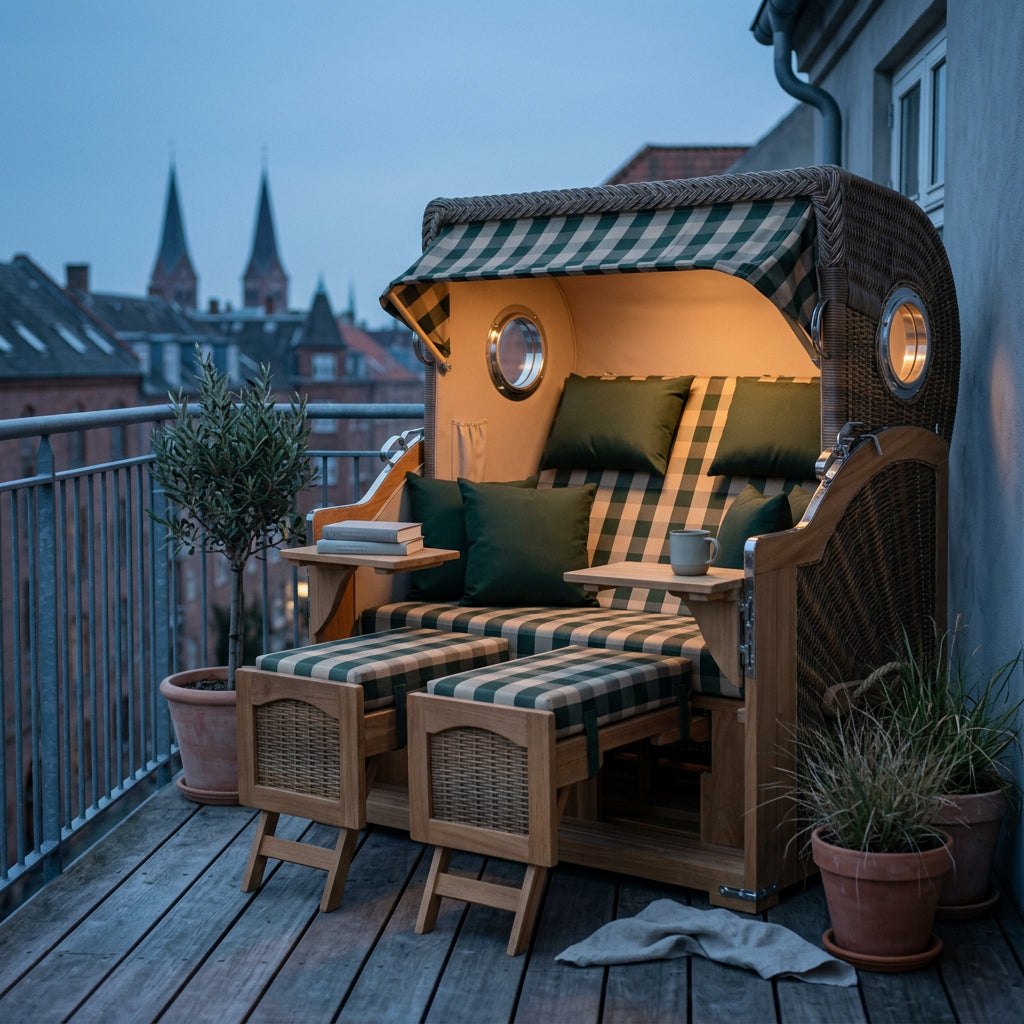 Strandkorb Düne Grande 2-Sitzer aus Teak mit Bullauge in Grün-Beige gestreift