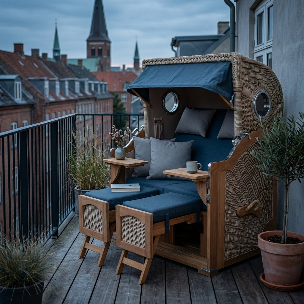 Strandkorb Düne Grande 2-Sitzer aus massivem Teakholz mit Bullauge in Marineblau