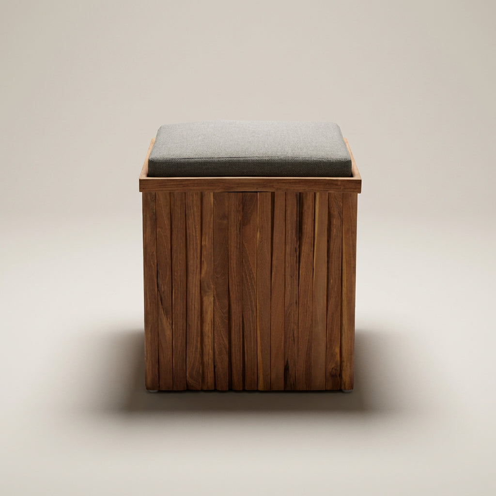 Sitzhocker Oxford aus massivem Teakholz mit Sitzkissen in Grau