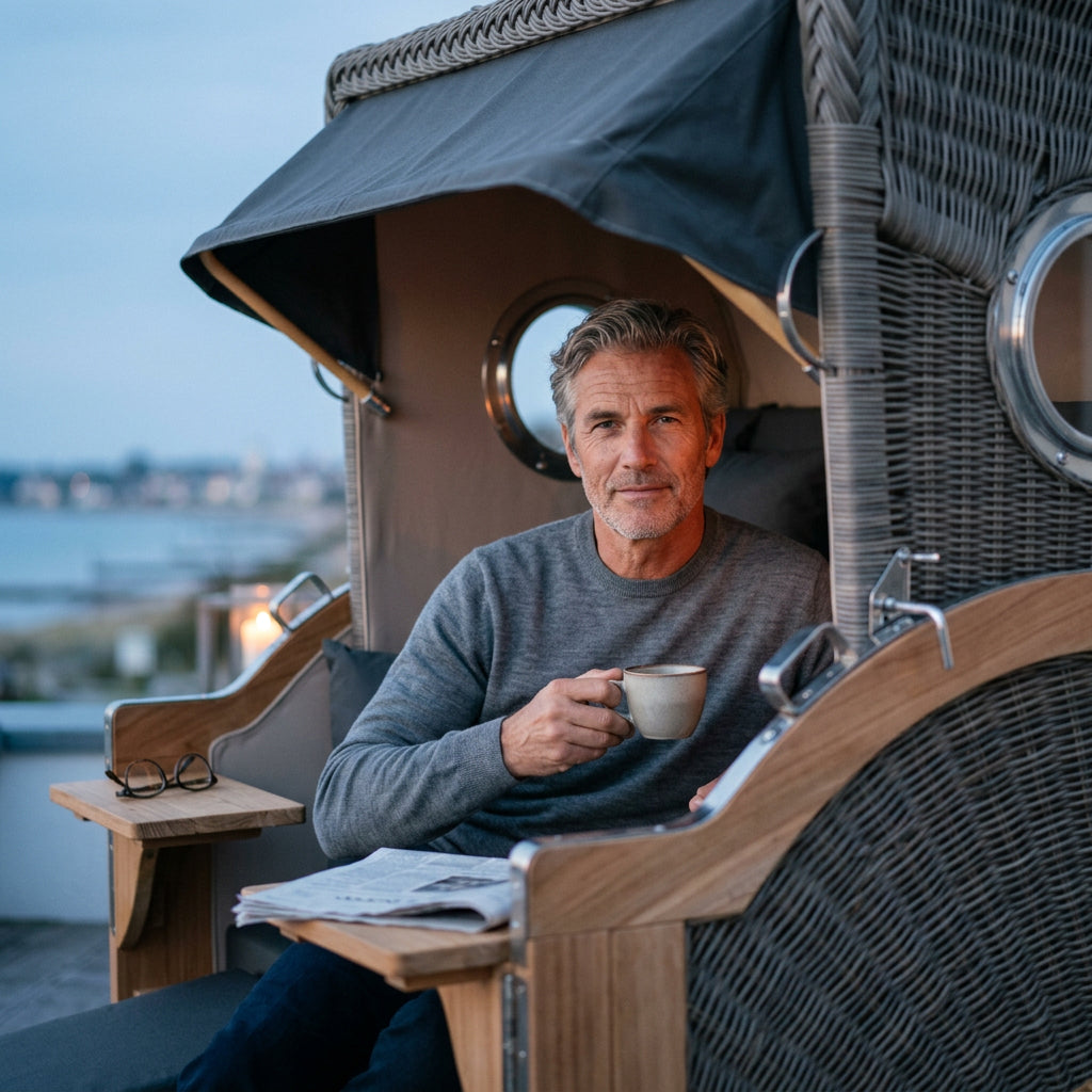 Strandkorb Baltikum mit Bullauge in Teak und PE Grey