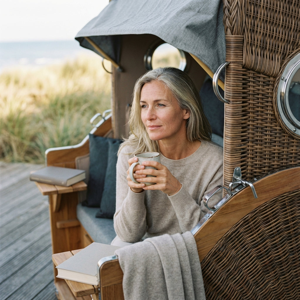 Strandkorb Düne Grande Bullauge Teak PE Banana Dessin 570 - Bild 4