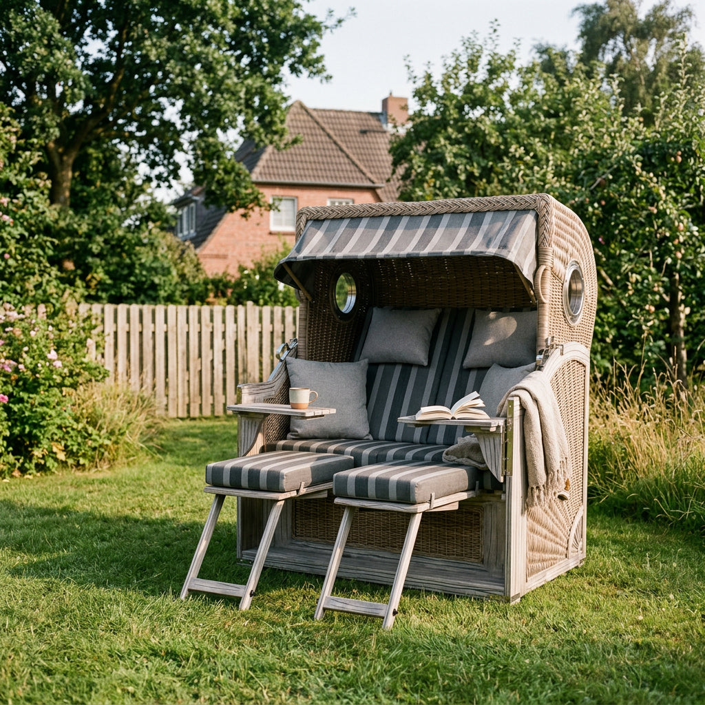 Strandkorb Dünenblick XL in Weiß mit Kubu-Geflecht