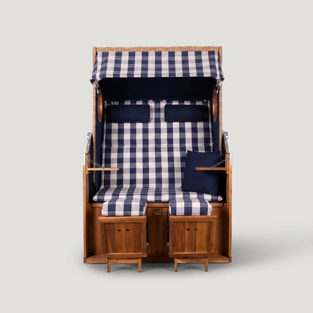 Strandkorb Trend 45 mit Bullaugen in maritimem Blau-Weiß