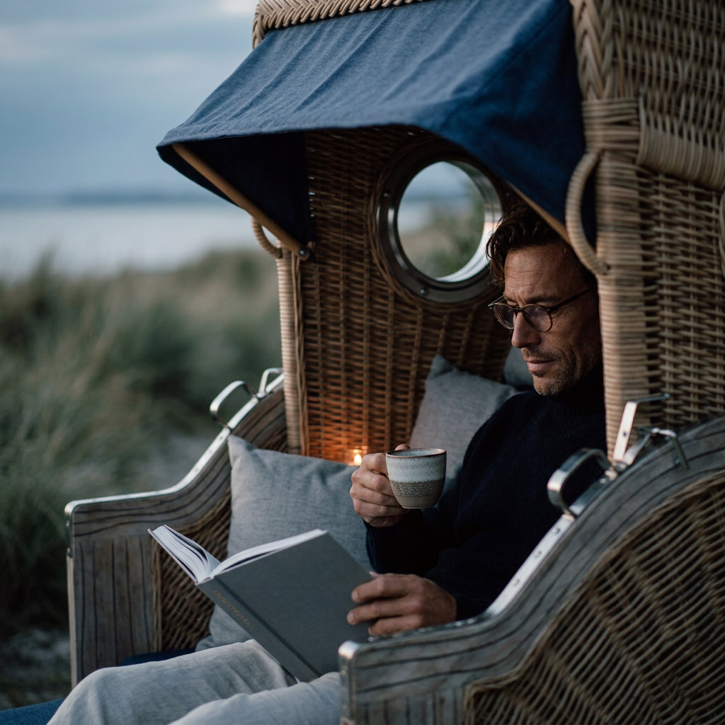 Strandkorb Dünenblick XL in Weiß-Kubu Blau