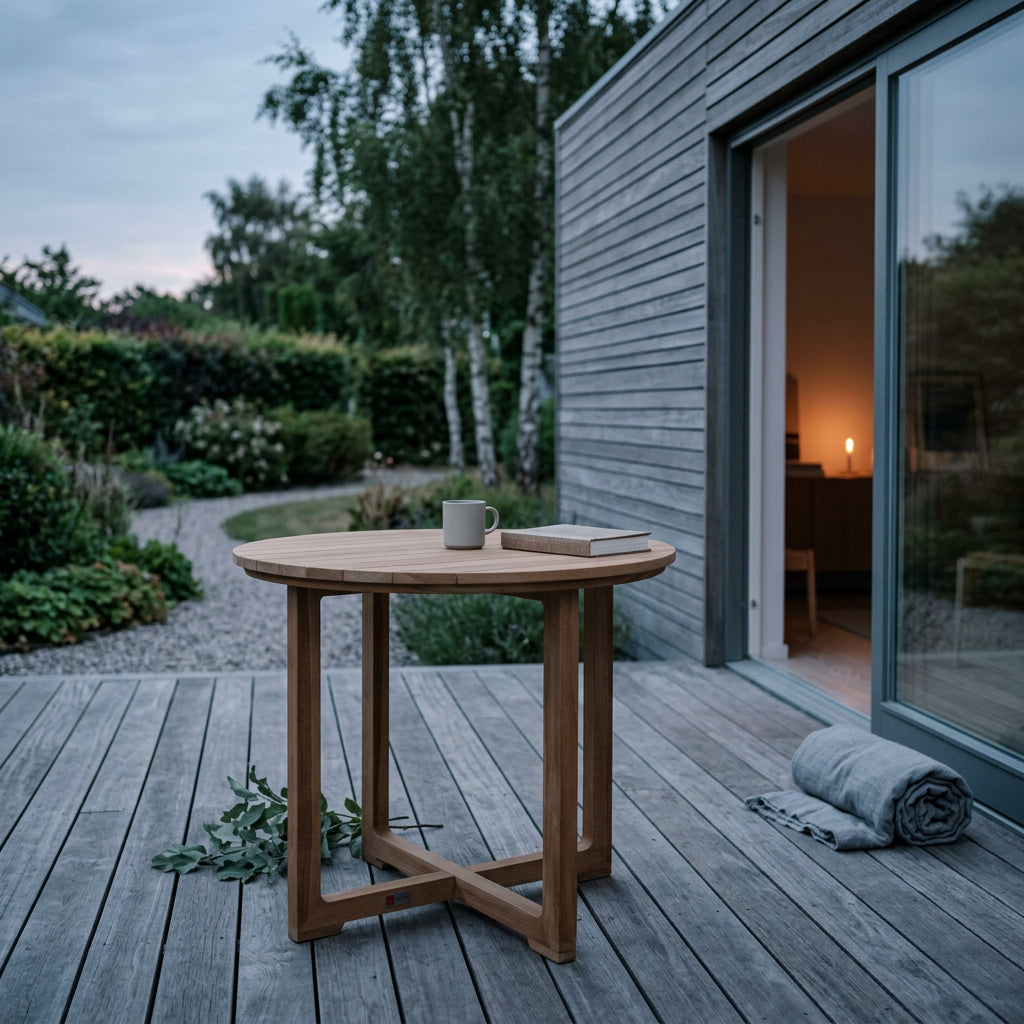Gartentisch Retford rund 85 cm aus massivem Teakholz mit X-Gestell