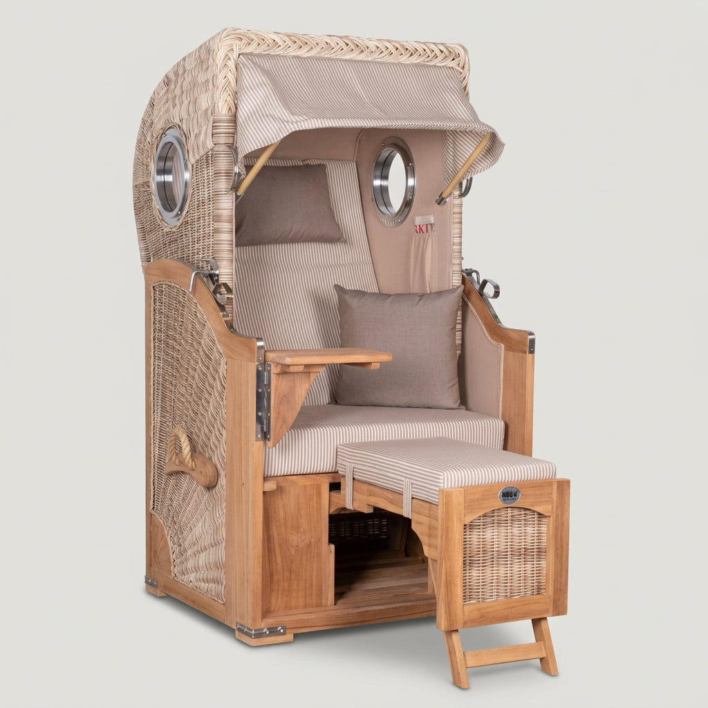 Strandkorb Düne Single aus Teak mit Bullauge in Shell-Beige