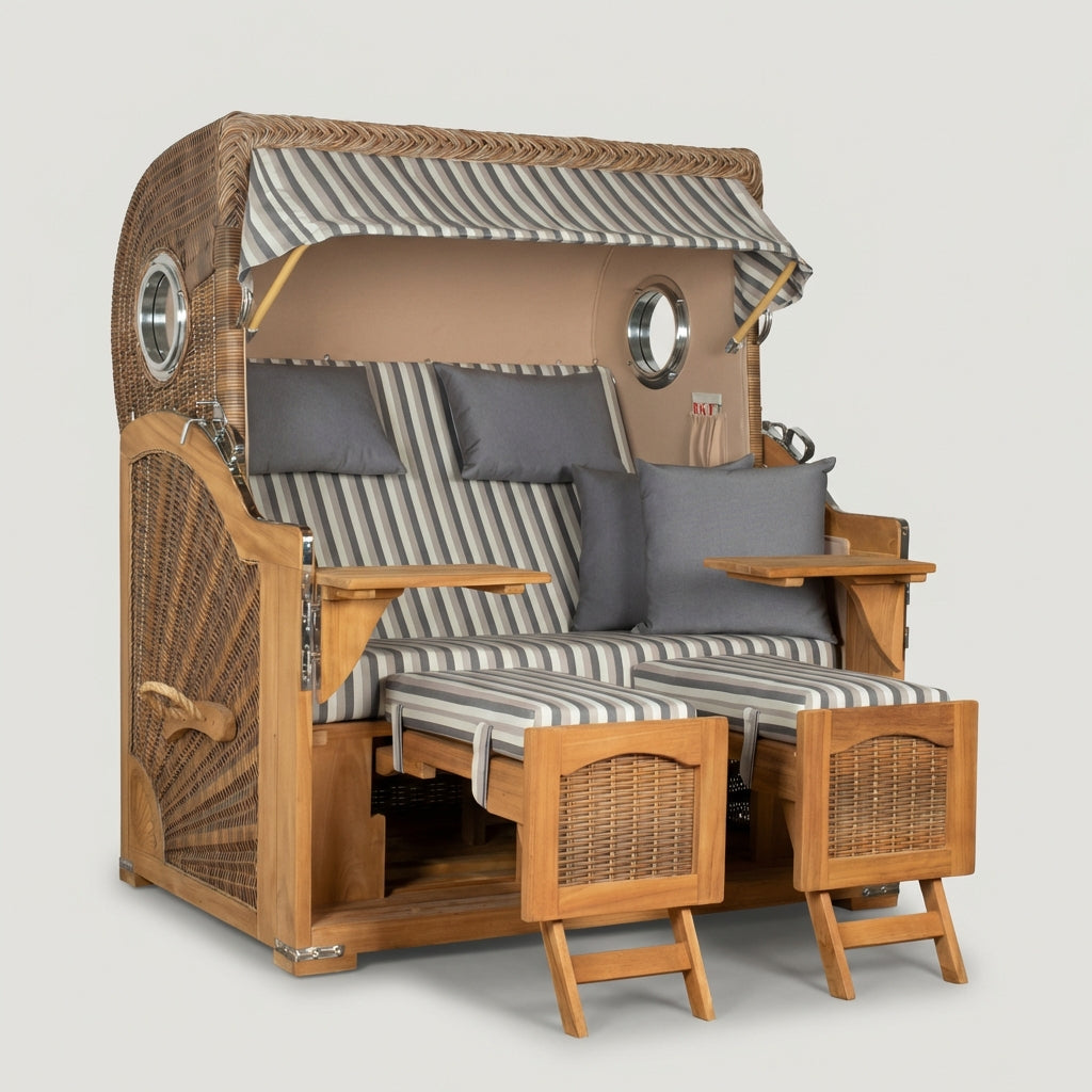 Strandkorb Düne Grande 2-Sitzer in Polyrattan Banana mit Bullauge