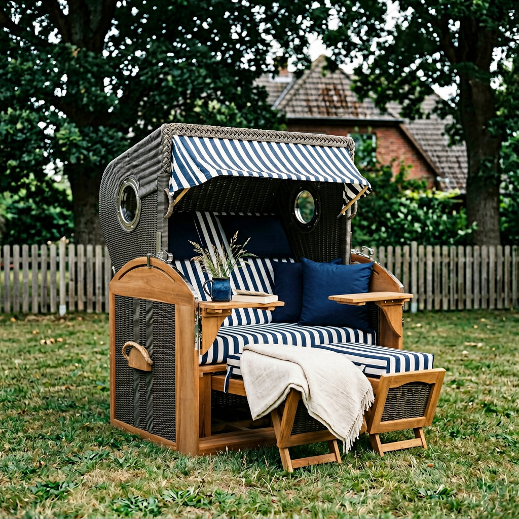 Strandkorb Schillig XL aus Teakholz und Polyrattan mit Bullauge in Navy-Weiß