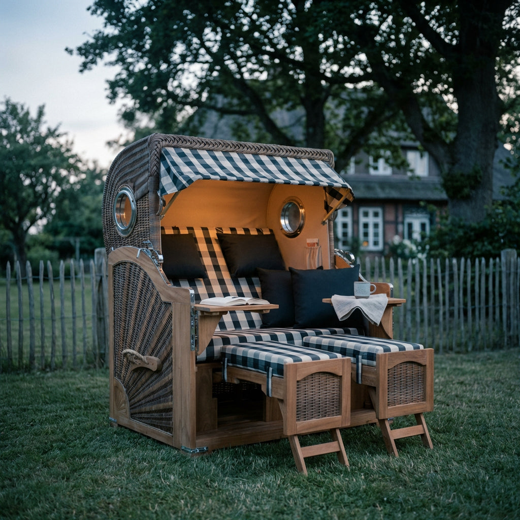 Strandkorb Düne Grande Bullauge Teak PE Banana Dessin 505 - Bild 5