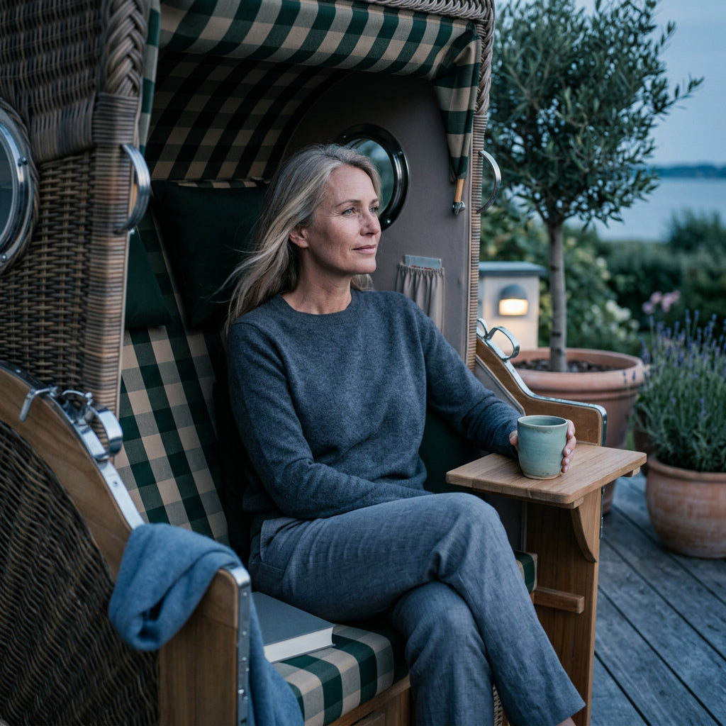 Strandkorb Düne Grande 2-Sitzer aus Teak mit Bullauge in Grün-Beige gestreift