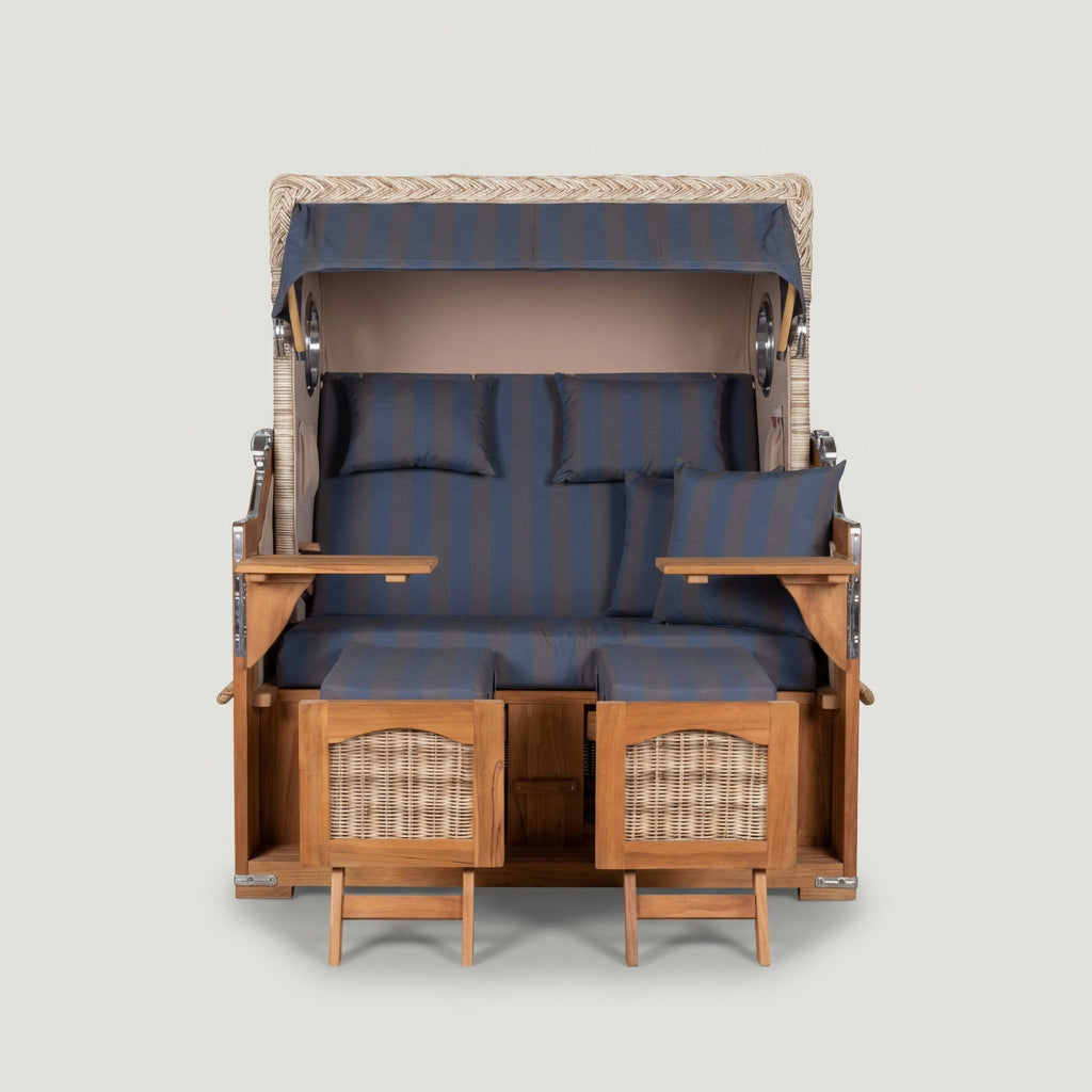 Strandkorb Düne Grande 2,5-Sitzer aus massivem Teakholz mit Bullaugen in Marineblau