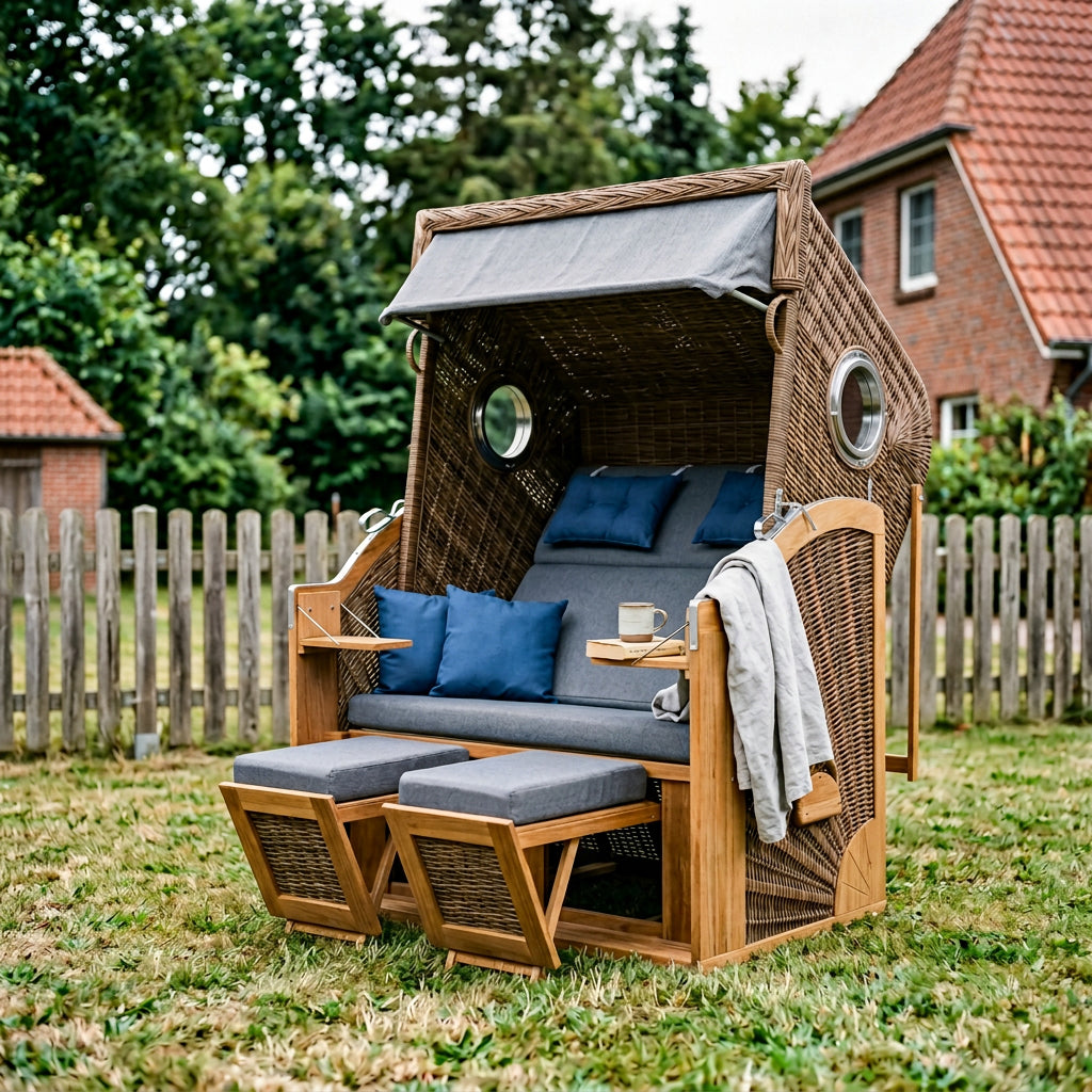 Strandkorb Cliff XL SUN aus Polyrattan griseum mit Teakholz-Klapptischen