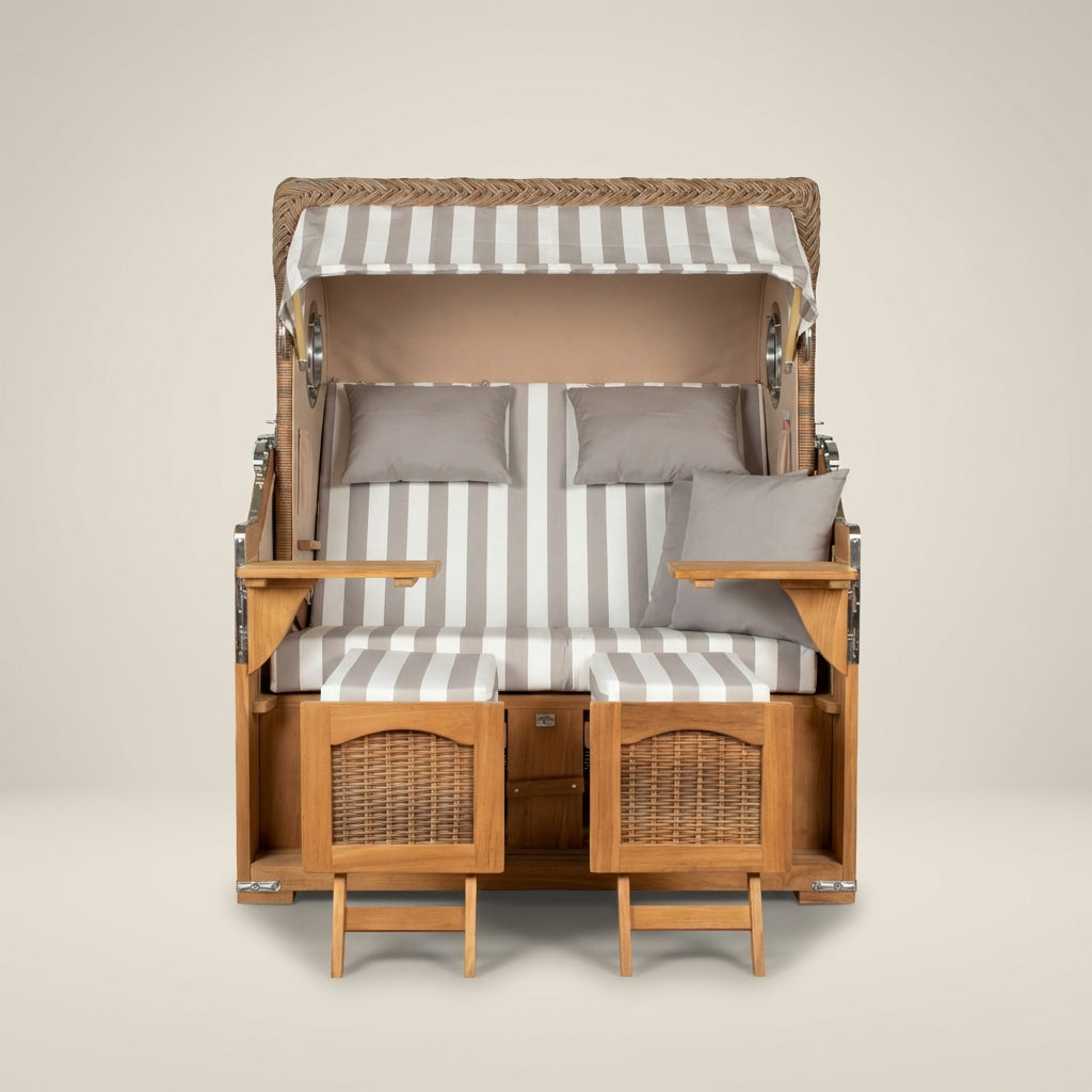 Strandkorb Düne Grande 2-Sitzer aus massivem Teakholz mit Bullauge