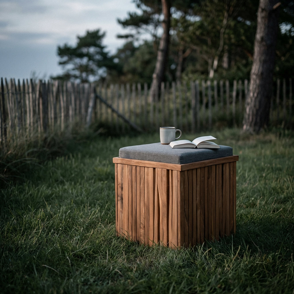 Sitzhocker Oxford aus massivem Teakholz mit Sitzkissen in Grau