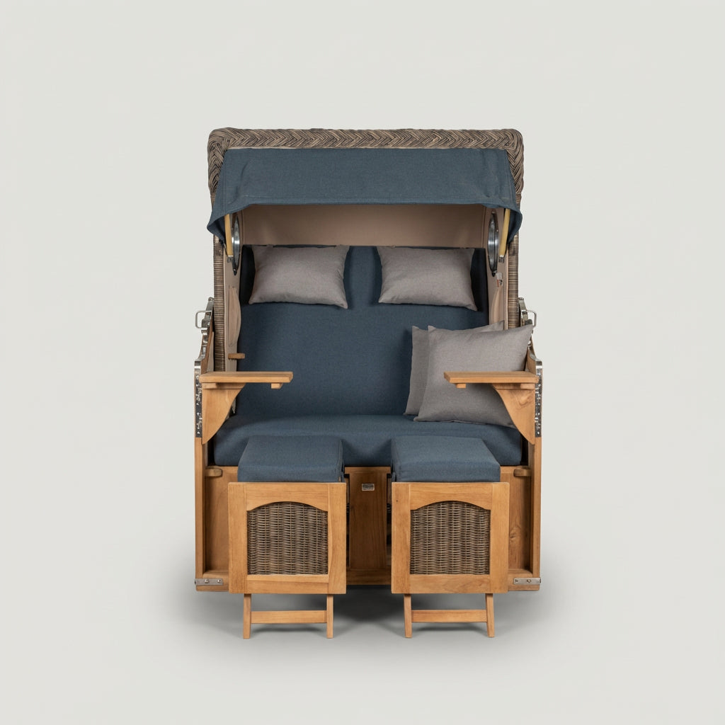 Strandkorb Düne 2-Sitzer aus Teak mit Bullaugen in Marineblau
