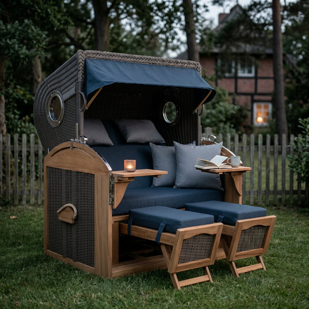 Strandkorb Schillig XL aus Teakholz und Polyrattan mit Bullaugen in Marineblau
