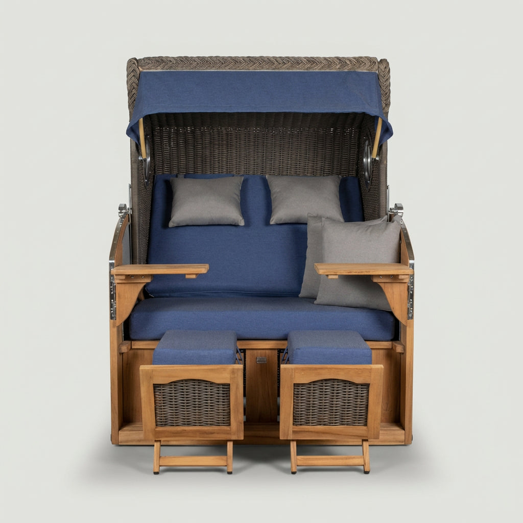 Strandkorb Schillig XL aus Teakholz und Polyrattan in Grau mit Bullauge
