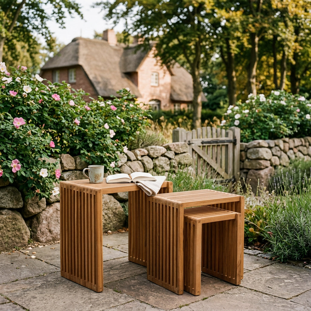 Beistelltische 3er Set aus massivem Teakholz mit Lamellendesign