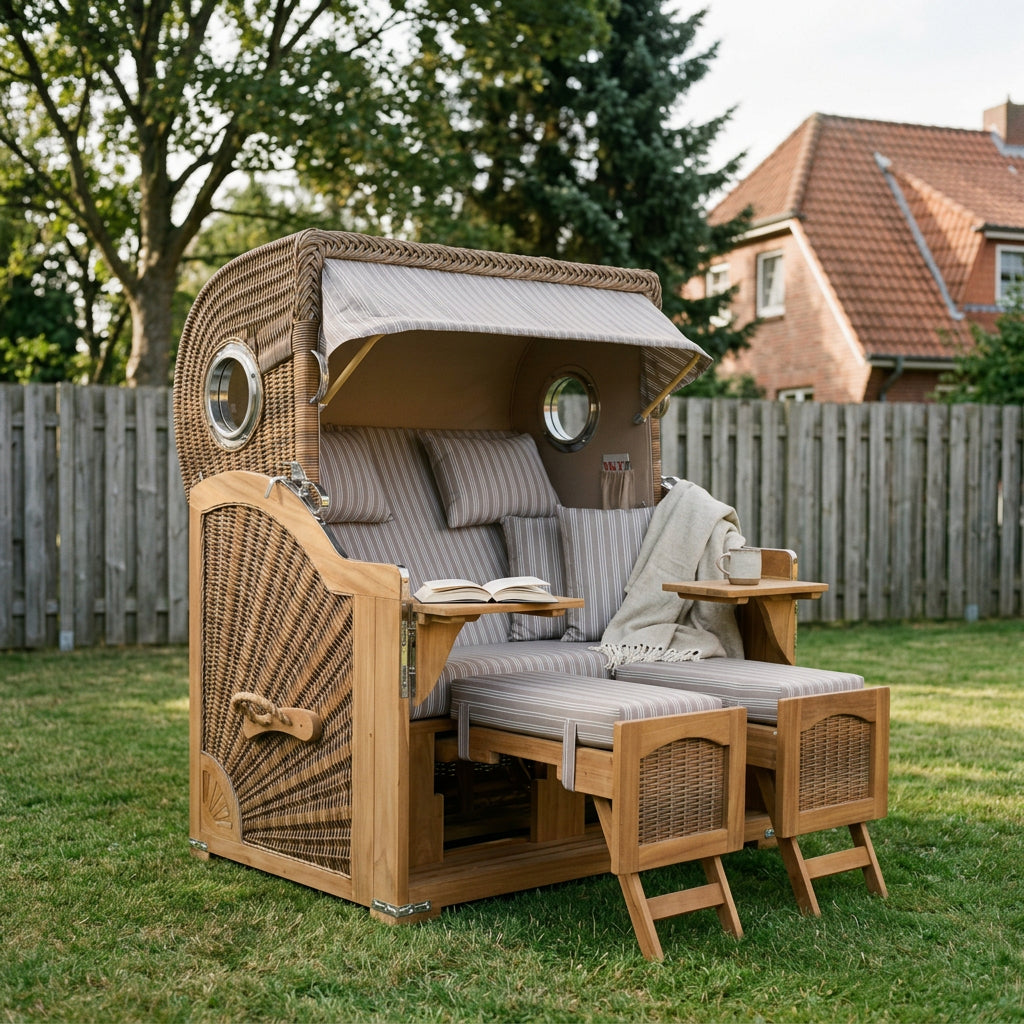 Strandkorb Düne Grande 2-Sitzer aus Teakholz mit Bullauge in Banana