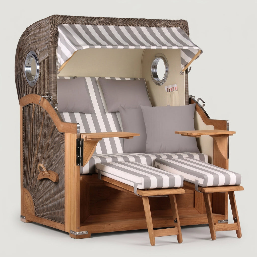 Strandkorb Baltikum 2-Sitzer aus Teak und Polyrattan in Grau mit Bullauge