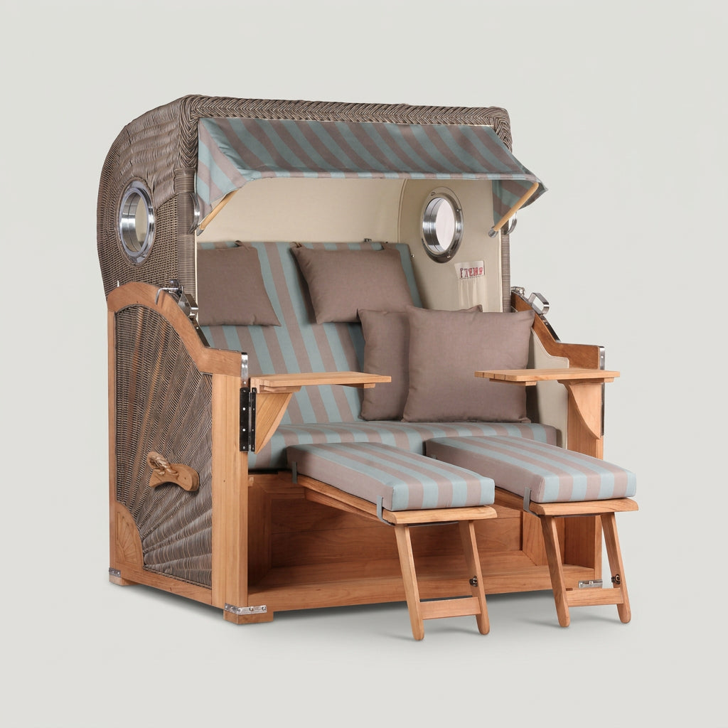 Strandkorb Baltikum 2-Sitzer aus Teakholz mit Bullaugen in PE Grey