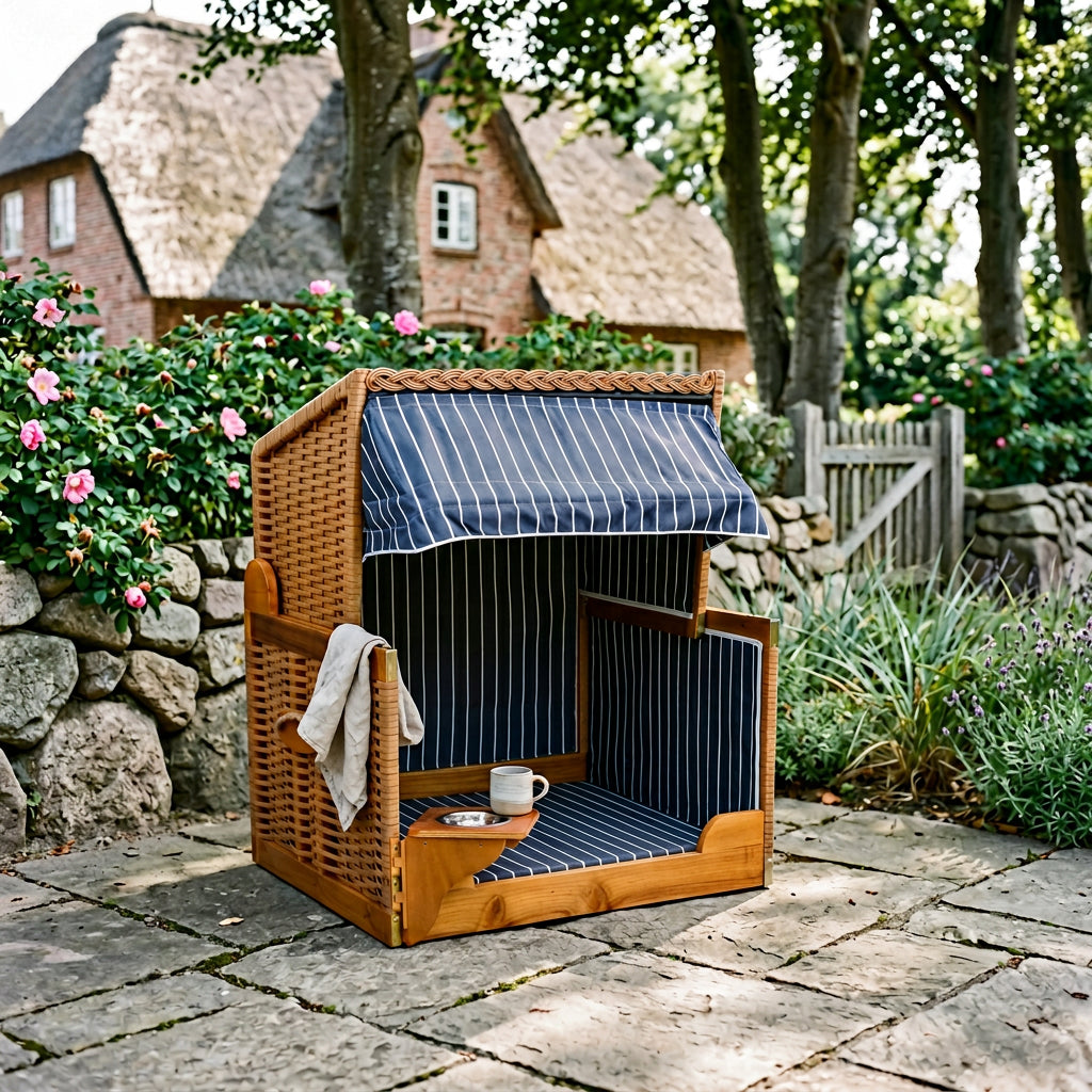 Hundestrandkorb Wacholder in Beige mit blau gestreifter Polsterung