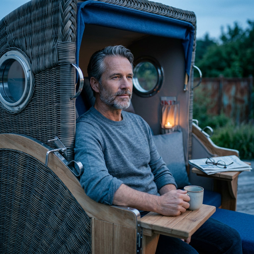 Strandkorb Düne 2-Sitzer aus Teak und Polyrattan mit Bullaugen in maritimem Blau