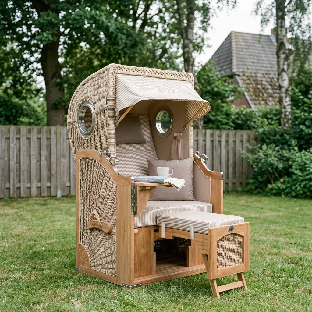Strandkorb Düne Single aus Teak mit Bullauge in Shell-Beige
