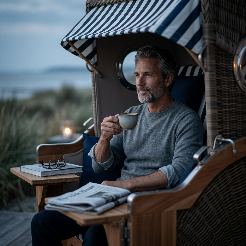Strandkorb Baltikum 2-Sitzer aus Teak und Polyrattan mit Bullauge