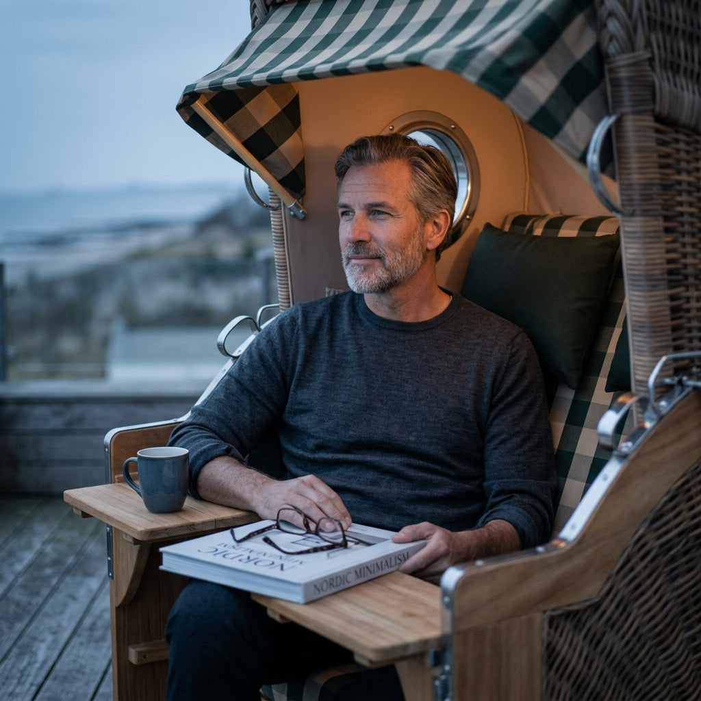 Strandkorb Düne Grande 2-Sitzer aus Teak mit Bullauge in Grün-Beige gestreift