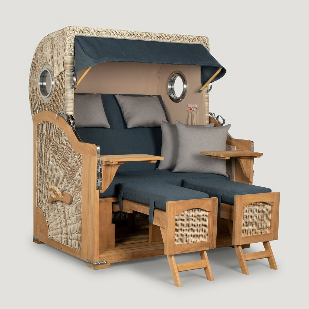 Strandkorb Düne Grande Bullauge Teak PE Shell Dessin 593 - Bild 1