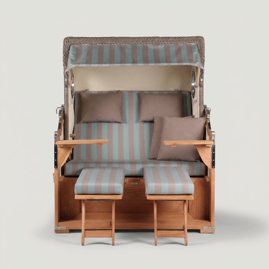 Strandkorb Baltikum 2-Sitzer aus Teakholz mit Bullaugen in PE Grey