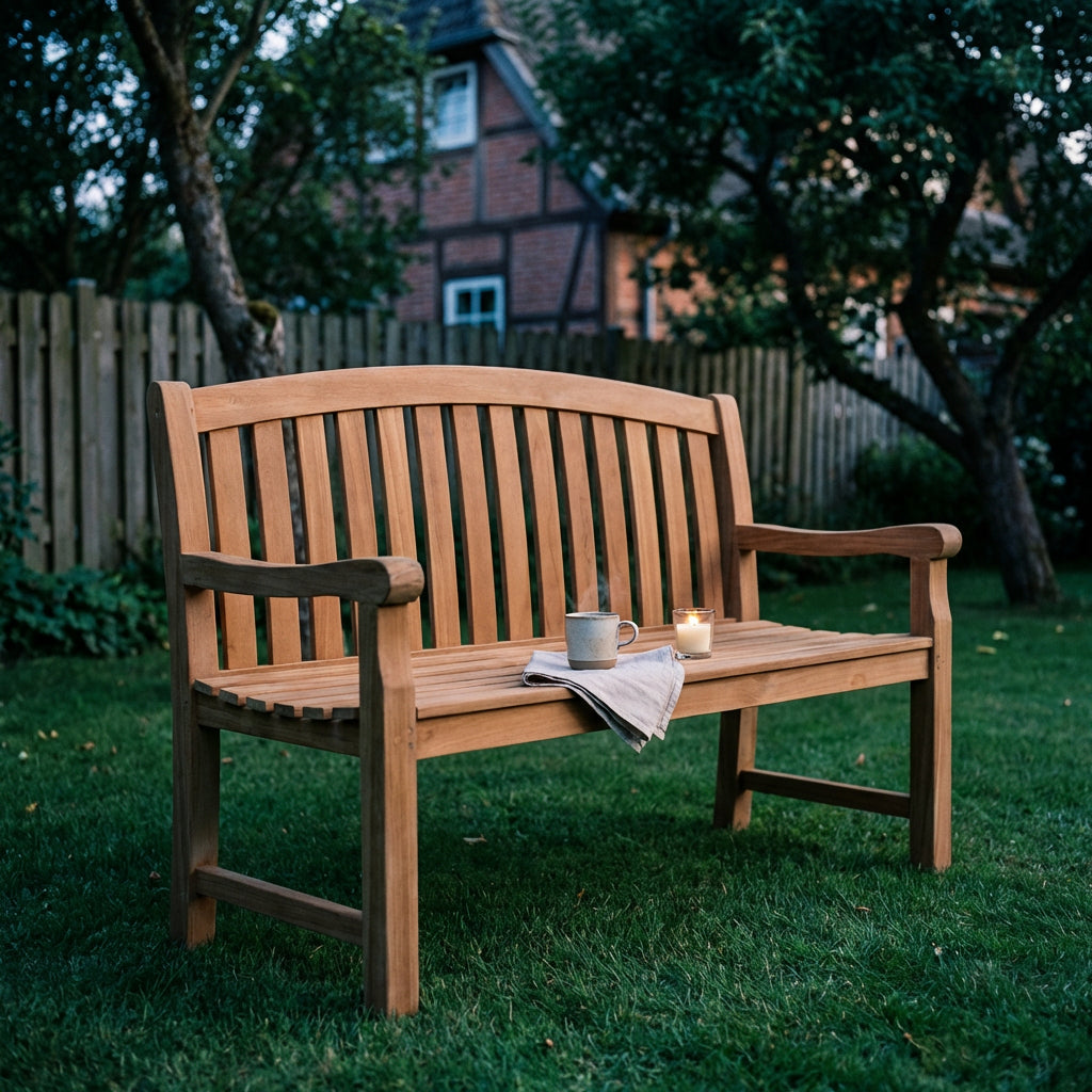 Teakholz Gartenbank 120 cm mit geschwungener Rückenlehne